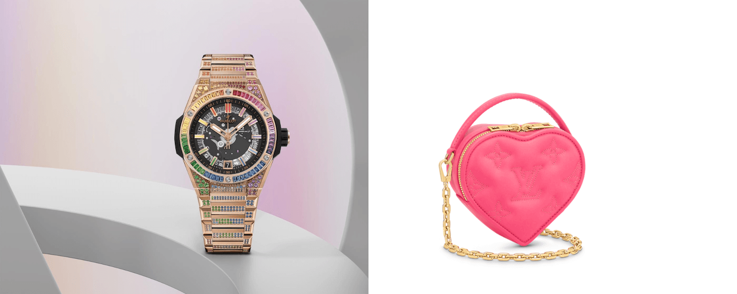 Hublot Integrated Time Only King Gold Rainbow With Louis Vuitton Pop My Heart Bag 