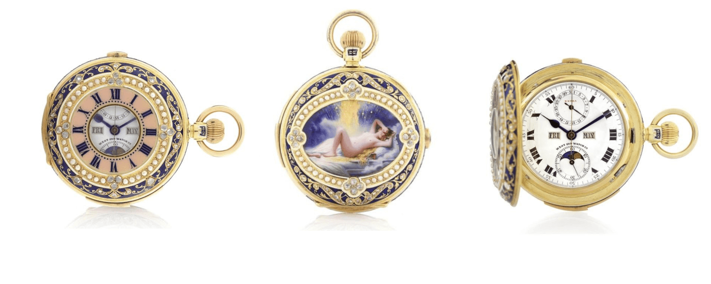 West End Watch Co. pocket watch made in rare gold, enamel, pearl and diamond-set half hunting cased minute repeating chronograph watch with triple calendar and moon-phases, circa 1910 custom made for the Indian market 