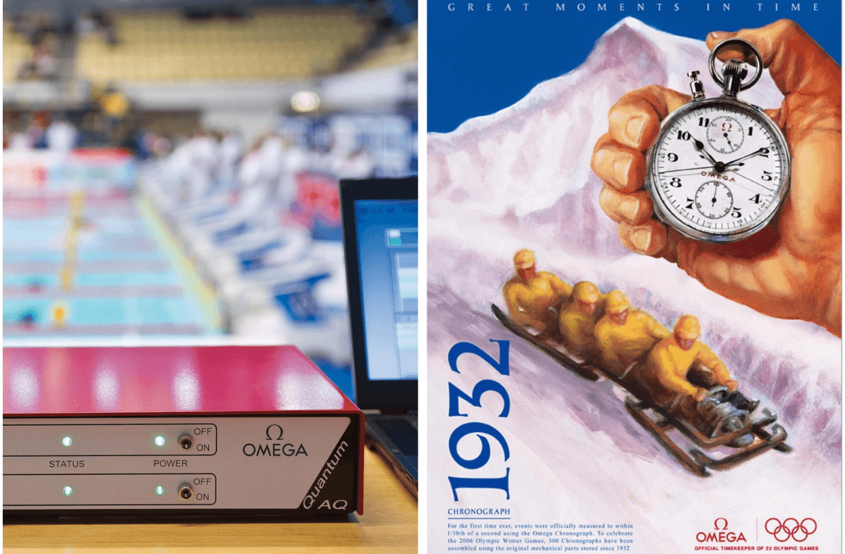 (L) Omega's 2012 Quantum Timer can capture a staggering one millionth of a second, (R) Omega Olympics Advert (1932) - source, Omega