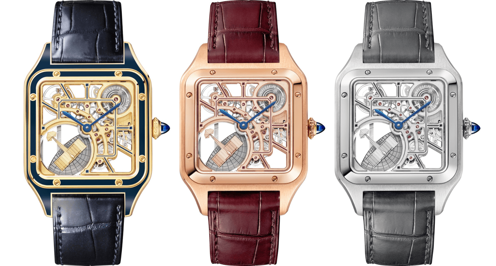 The Cartier Santos-Dumont is available in yellow gold with blue lacquer (limited edition), rose gold, and stainless steel