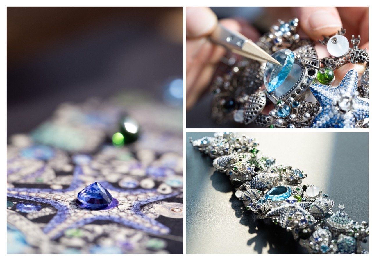 The Southern Italy-inspired color palette of blue and green defines this piece set with diamonds and precious gems