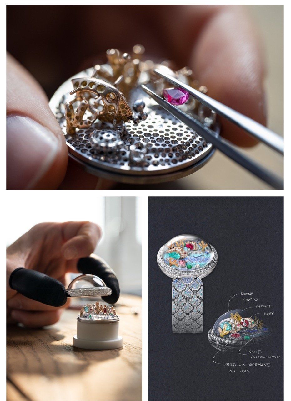 Precious stones studded dial on this watch recreates a miniaturized living aquarium for the wrist