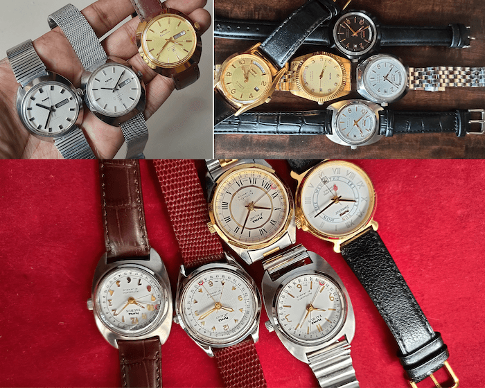 HMT general Automatic watches like HMT Rajat, Automatic, Kanchan( Top Left) made in Watch Factory-II. The other rare and unique automatics like Leo, Rajat President, Pinaki, Sweekar and President style Dial Automatics 