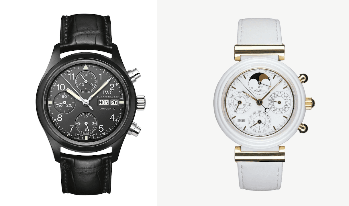 (L) The Pilot’s Watch Chronograph Ceramic Ref. IW3705 (1994 ); (R ) Da Vinci Ceramic Perpetual (1986)