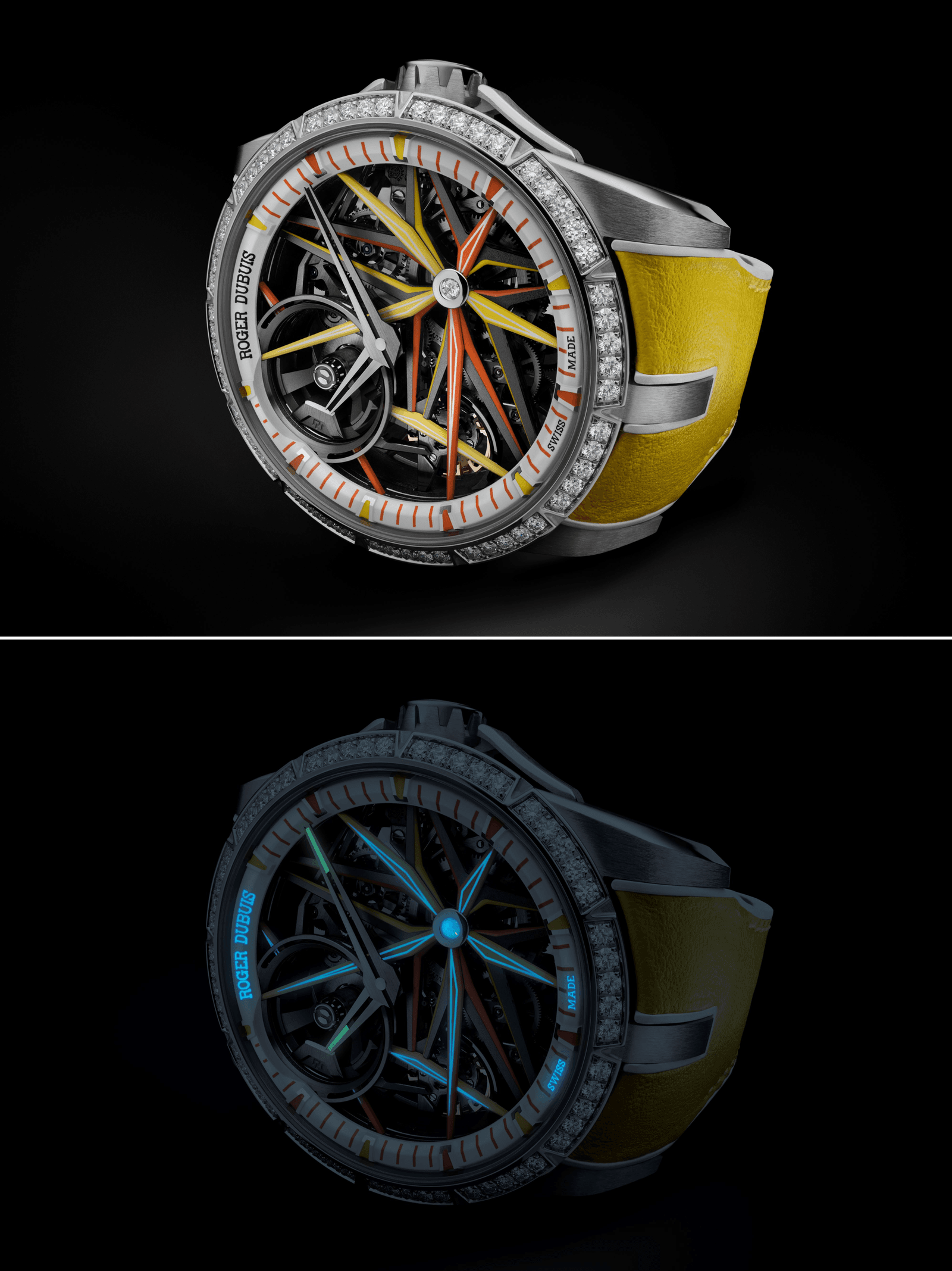 The Roger Dubuis Excalibur Blacklight Monobalancier (MB) is a hyper-luminescent, hyper-colorful, and hyper-performing timepiece
