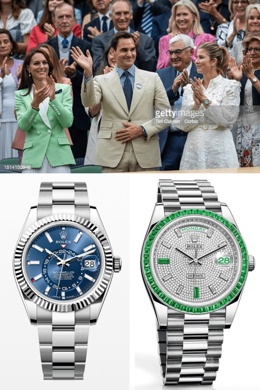 Roger & Mirka Federer wearing white gold Sky-Dweller with a blue dial &  platinum Day-Date with an emerald set bezel respectively