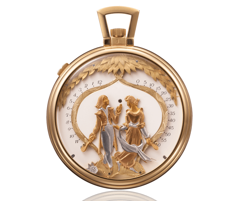 “Arms in the air” three-tone yellow, white, pink gold pocket watch, bi-retrograde display, Ref. Inv. 10667 -1960