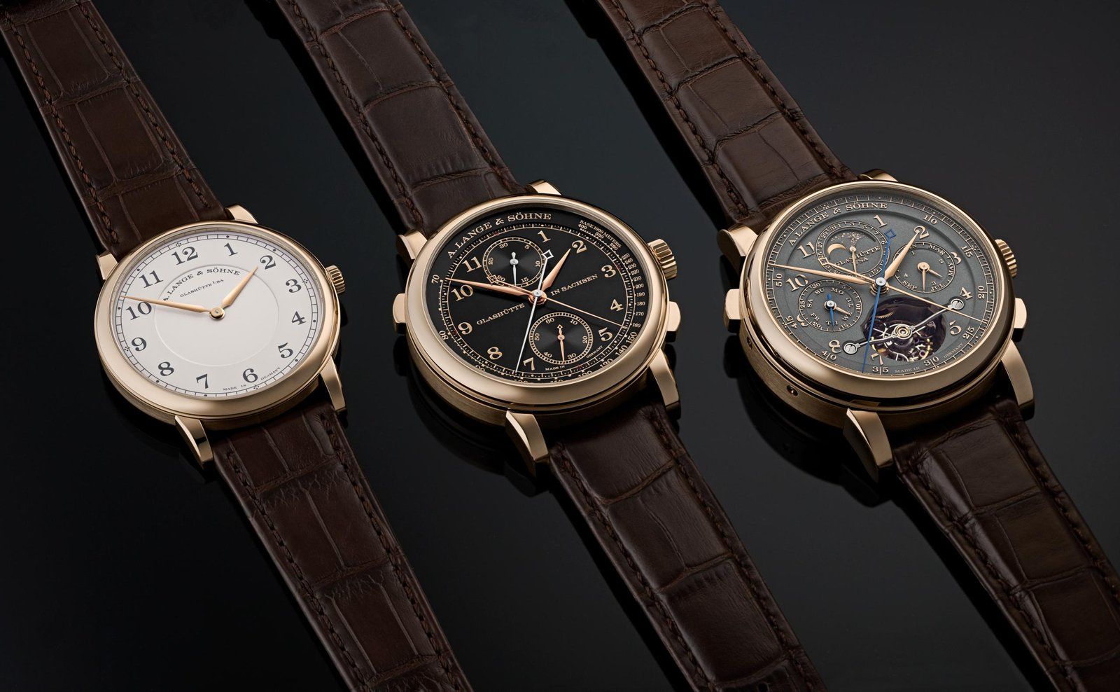 The “Homage to F. A. Lange” 2020 anniversary editions from left to right: 1815 THIN HONEYGOLD, 1815 RATTRAPANTE HONEYGOLD and TOURBOGRAPH PERPETUAL HONEYGOLD