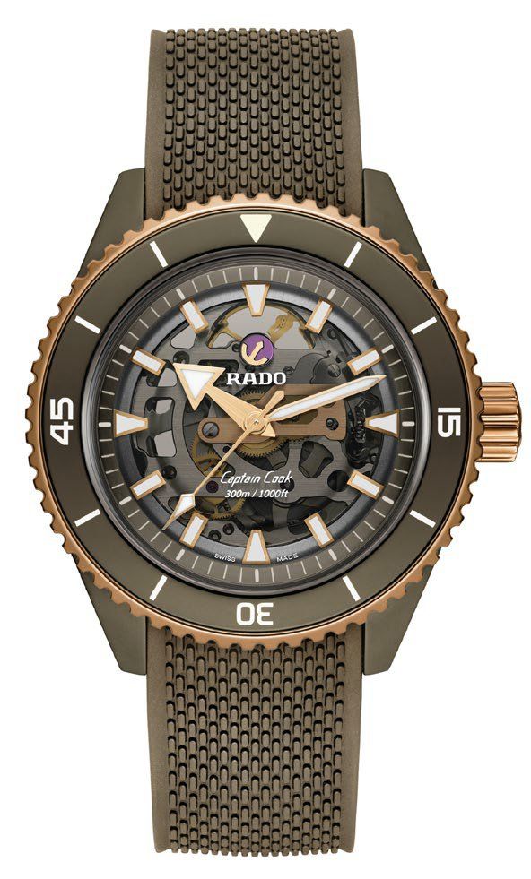 Matt olive-green and rose gold case of the new Captain Cook High-Tech Ceramic Skeleton