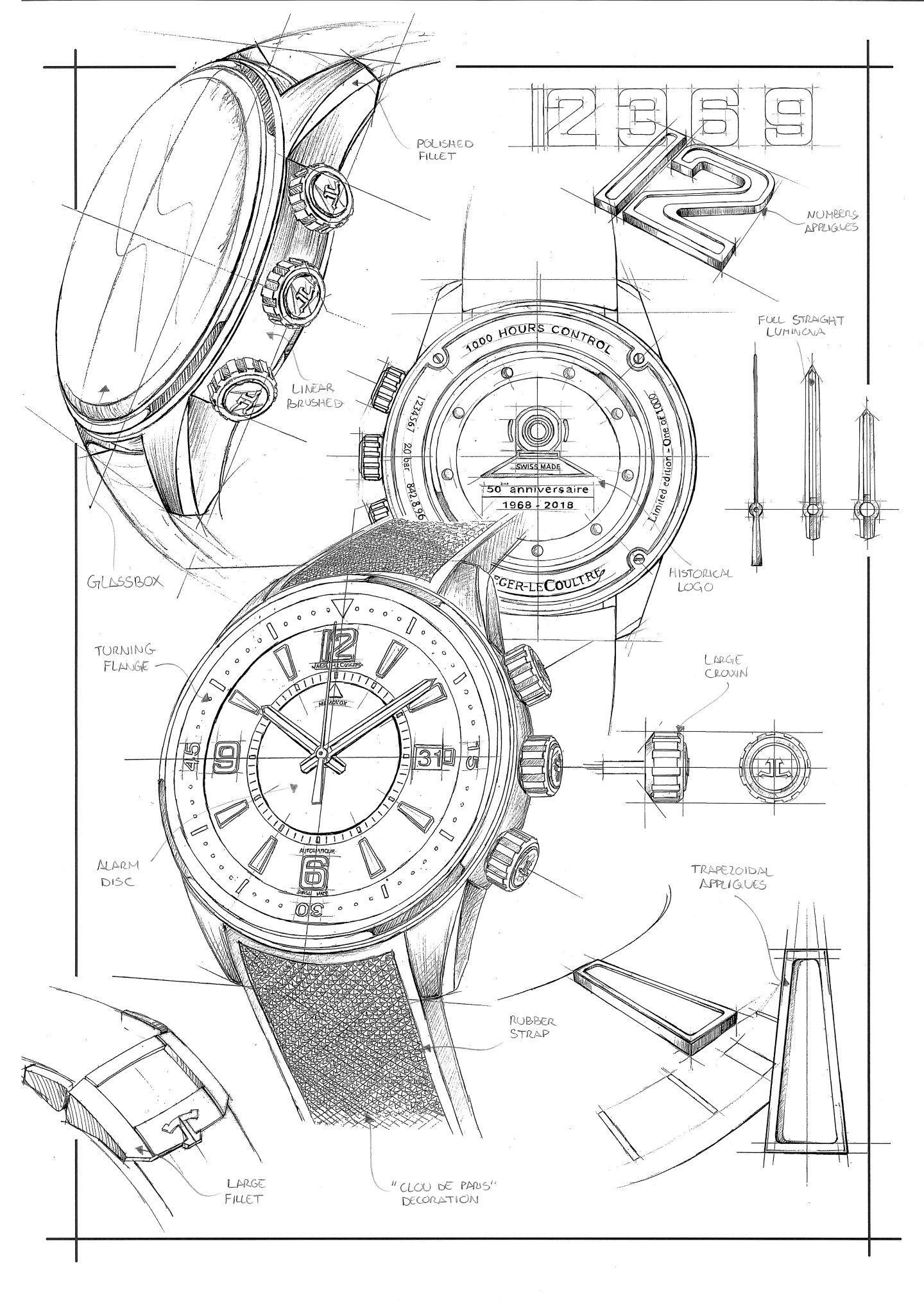 Jaeger-Lecoultre Polaris Memovox drawing by Product Design Director Lionel Favre