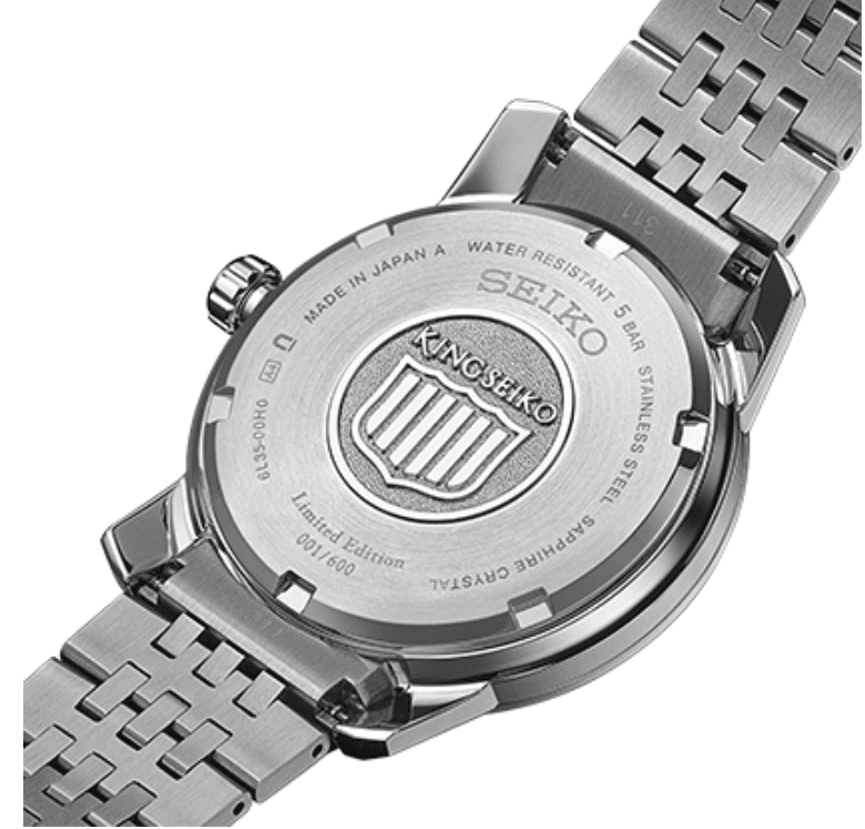 The case back carries the King Seiko name and the same shield design as the original.