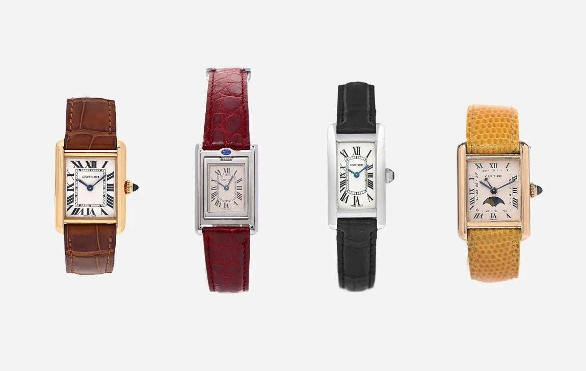 The Cartier Tank collection design and style variations, source - Fashionphile