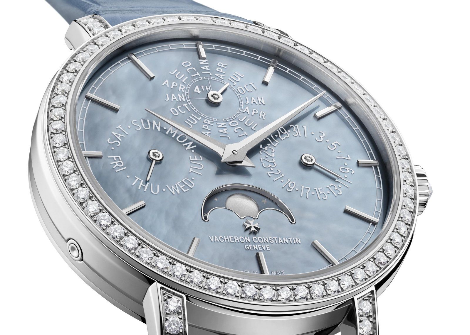 Blue-grey tinted mother-of-pearl dial featuring the perpetual calendar