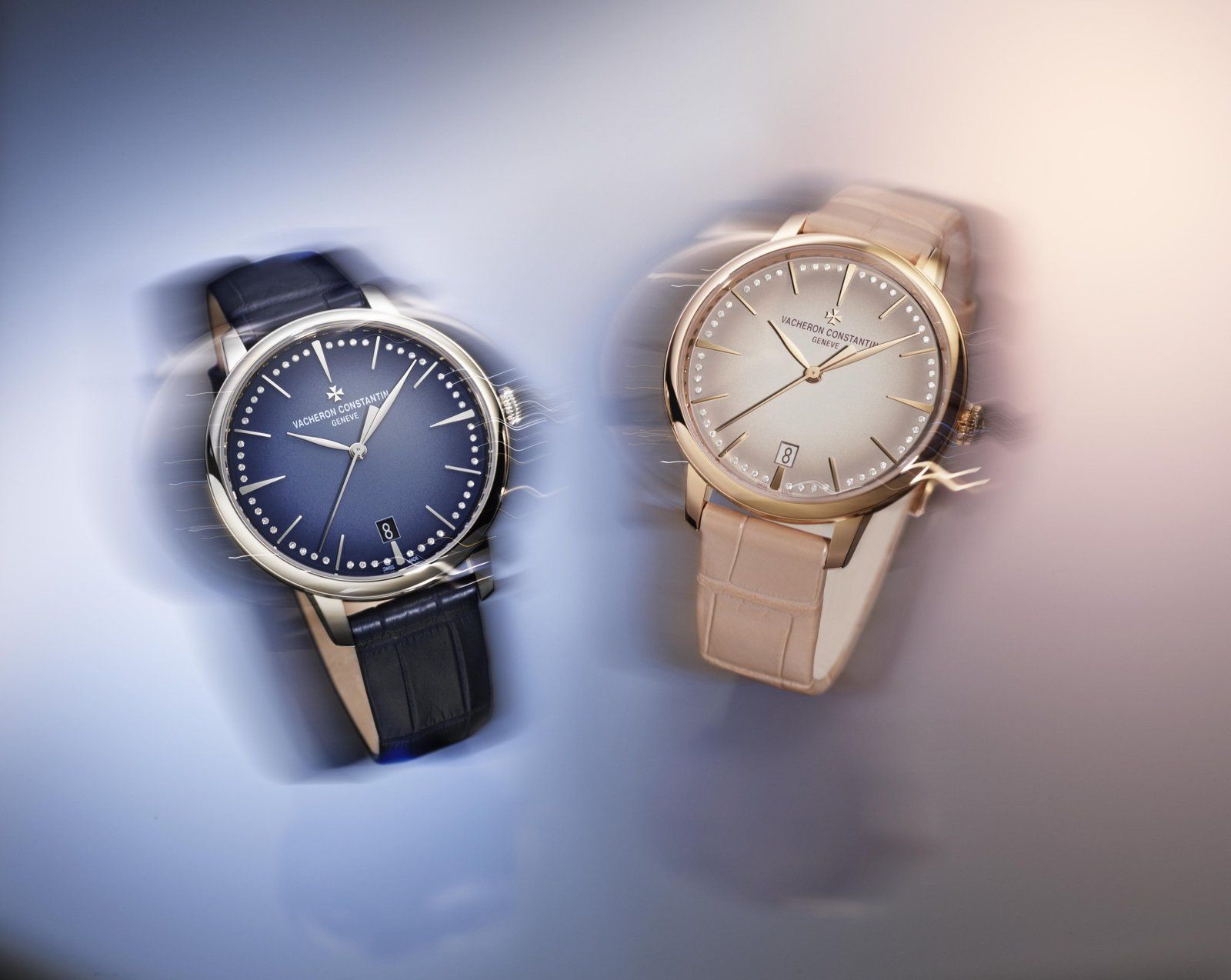 Patrimony self-winding timepieces with gradient dials in deep blue (left) and blush pink (right)