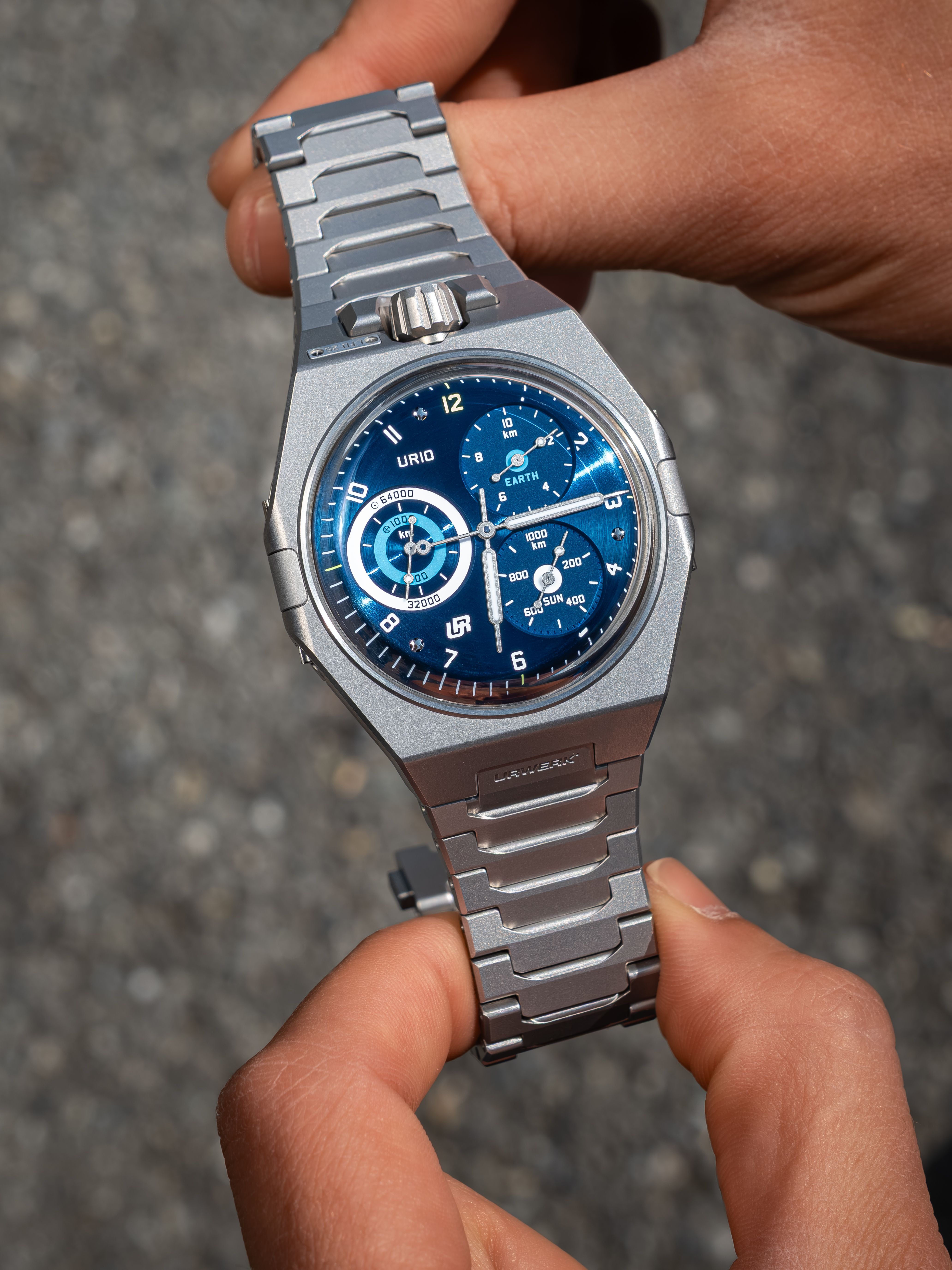 The URWERK UR-10 SpaceMeter Blue featuring celestial subdials tracking Earth’s rotation and orbit through space