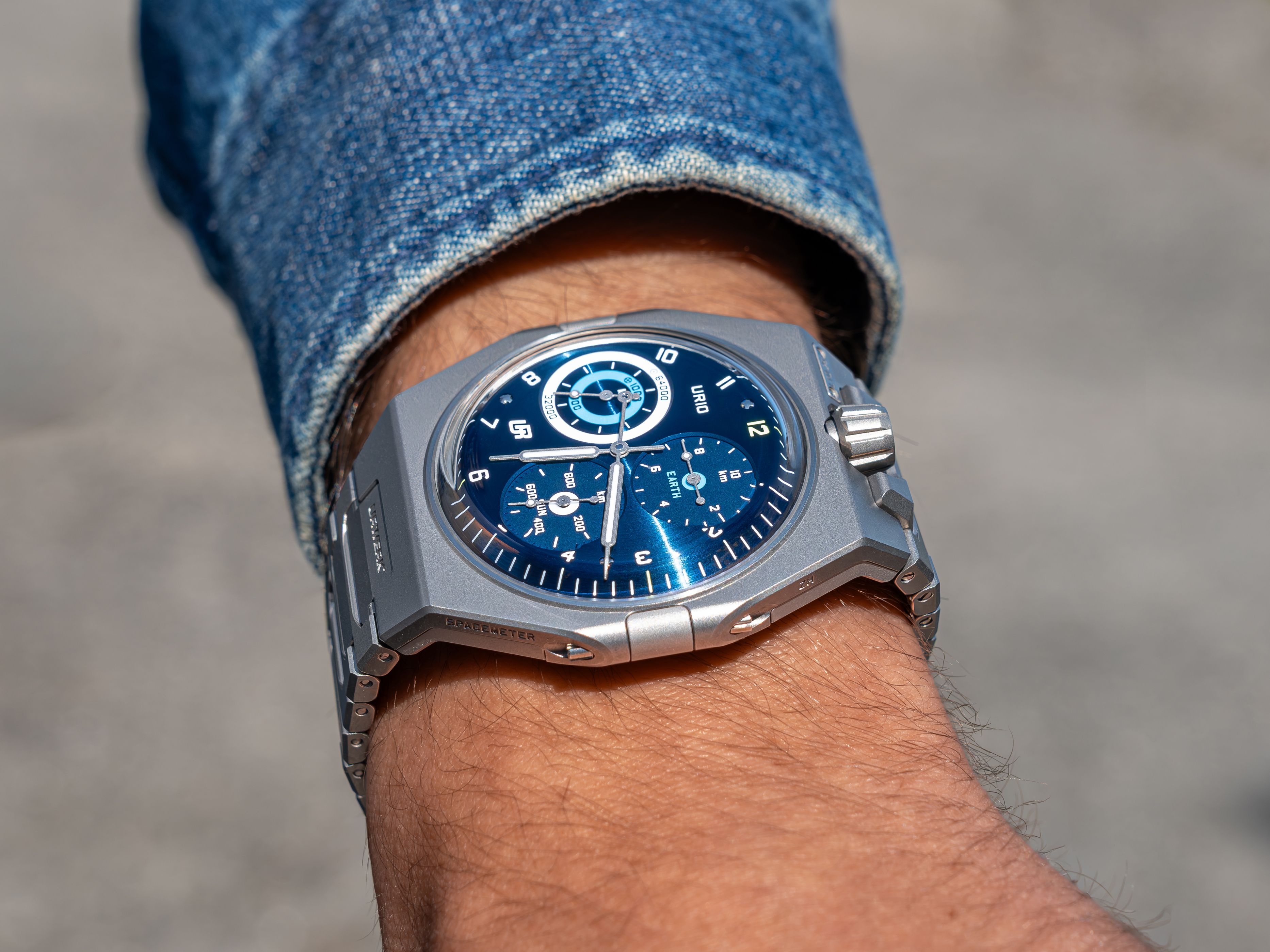 URWERK UR-10 SpaceMeter Blue on the wrist showcasing its cosmic-inspired mechanical time display