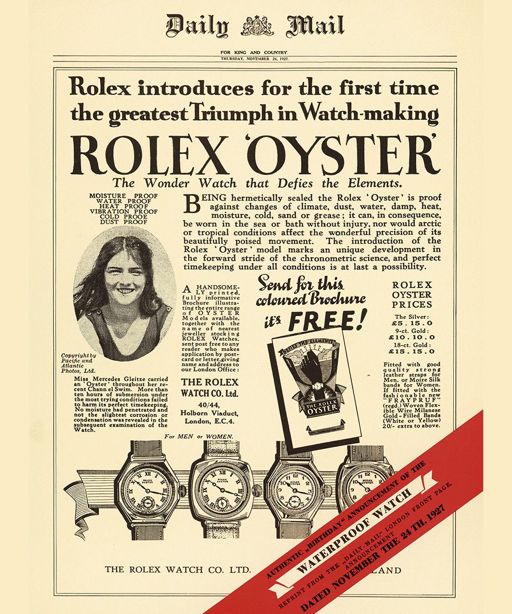 Vintage 1927 Rolex Oyster advertisement highlighting the world’s first waterproof wristwatch innovation