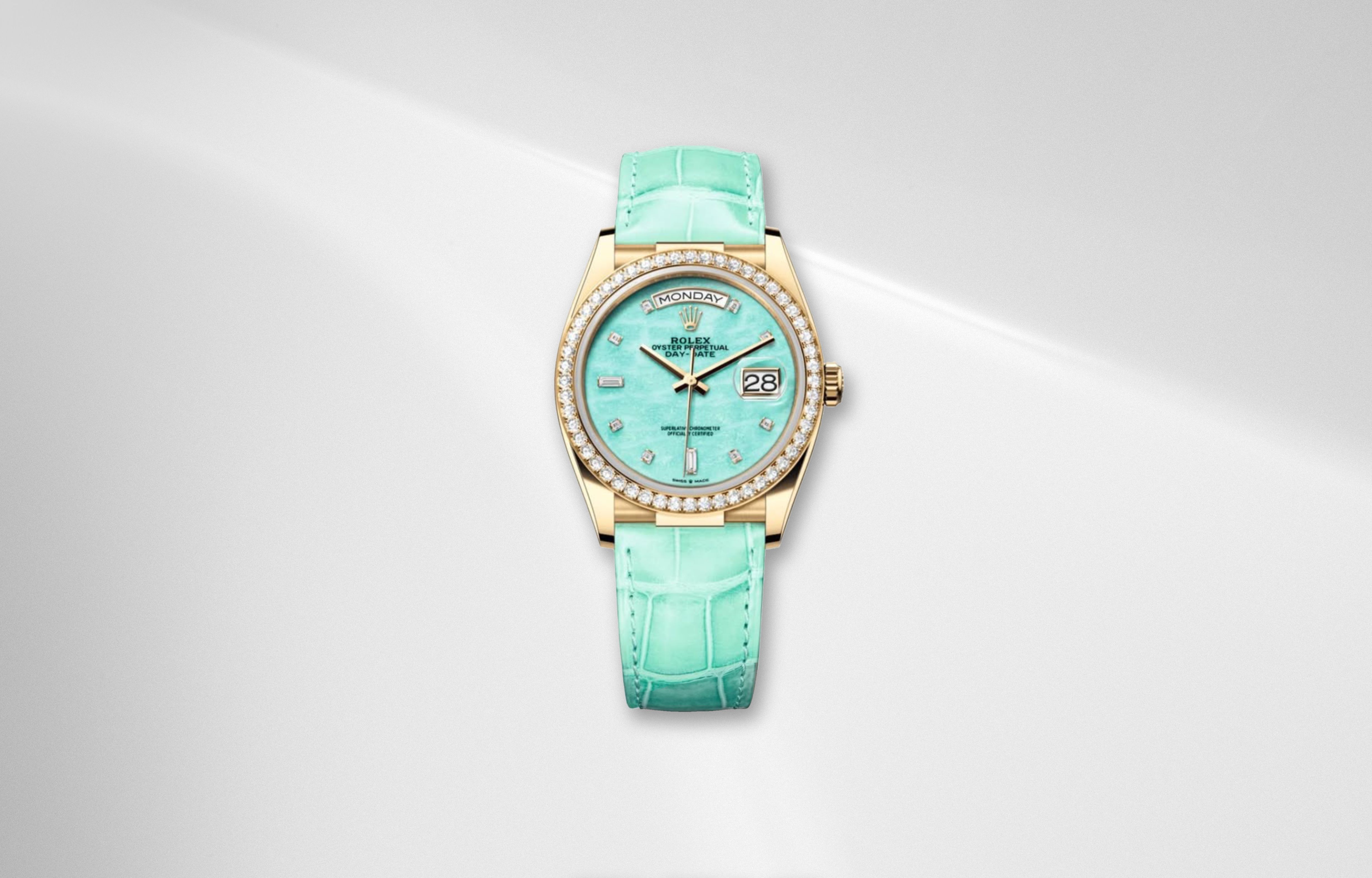 Rolex Day Date 36 amazonite dial with mint green tone and diamond bezel luxury watch