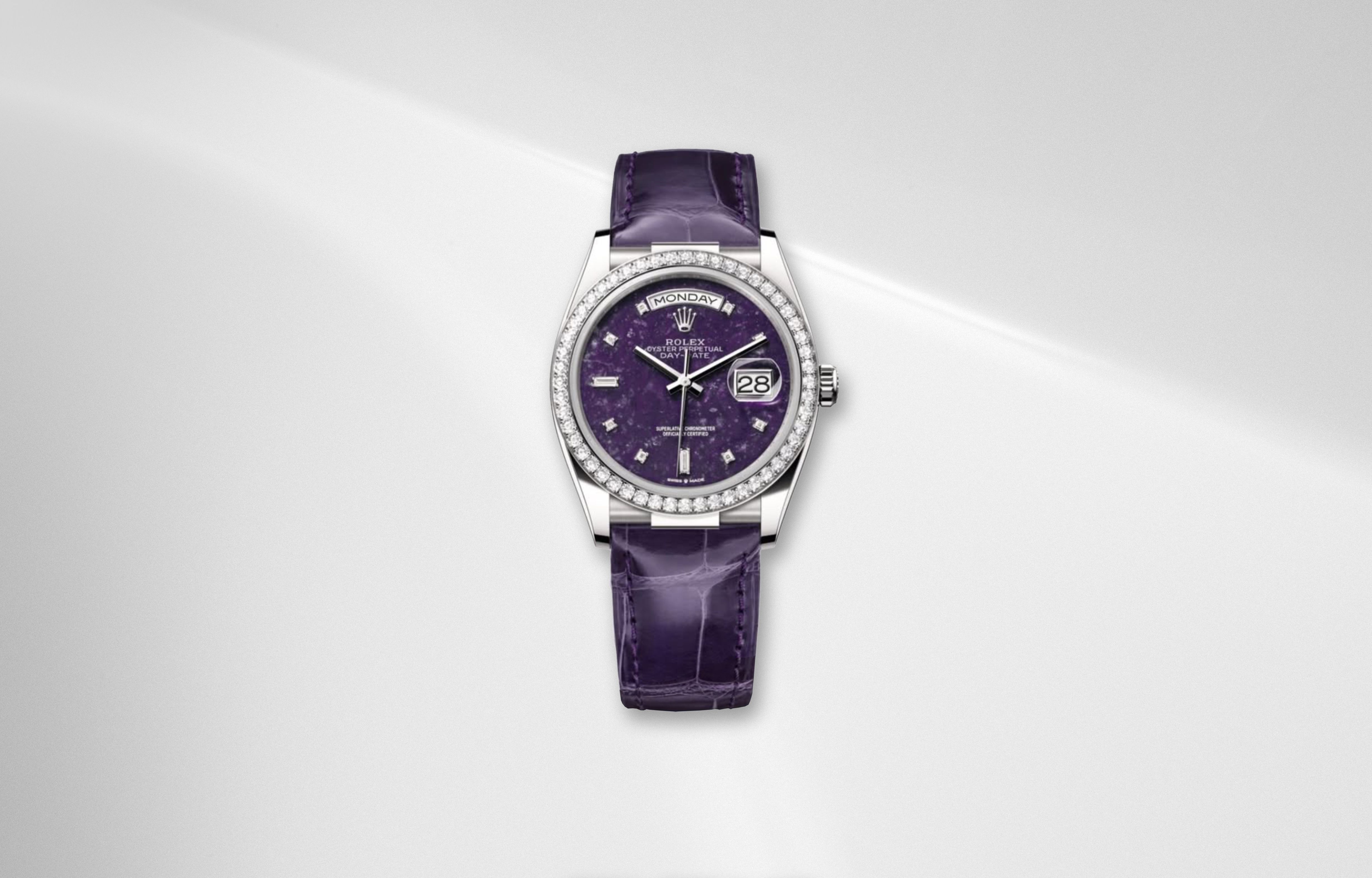 Rolex Day Date 36 dark lepidolite dial with purple crystal texture and diamond set bezel