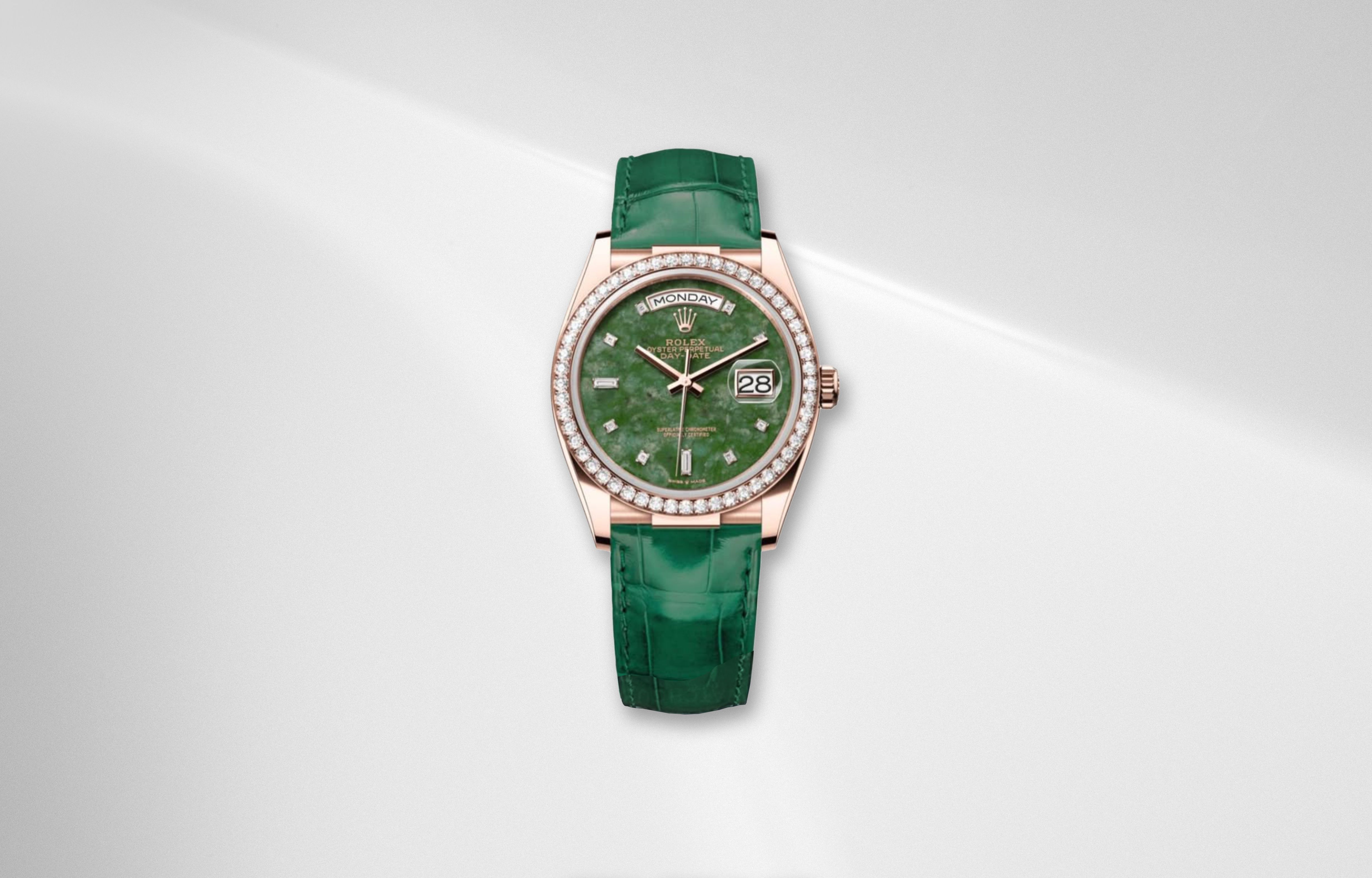 Rolex Day Date 36 Wyoming jade dial with deep green stone texture and diamond bezel
