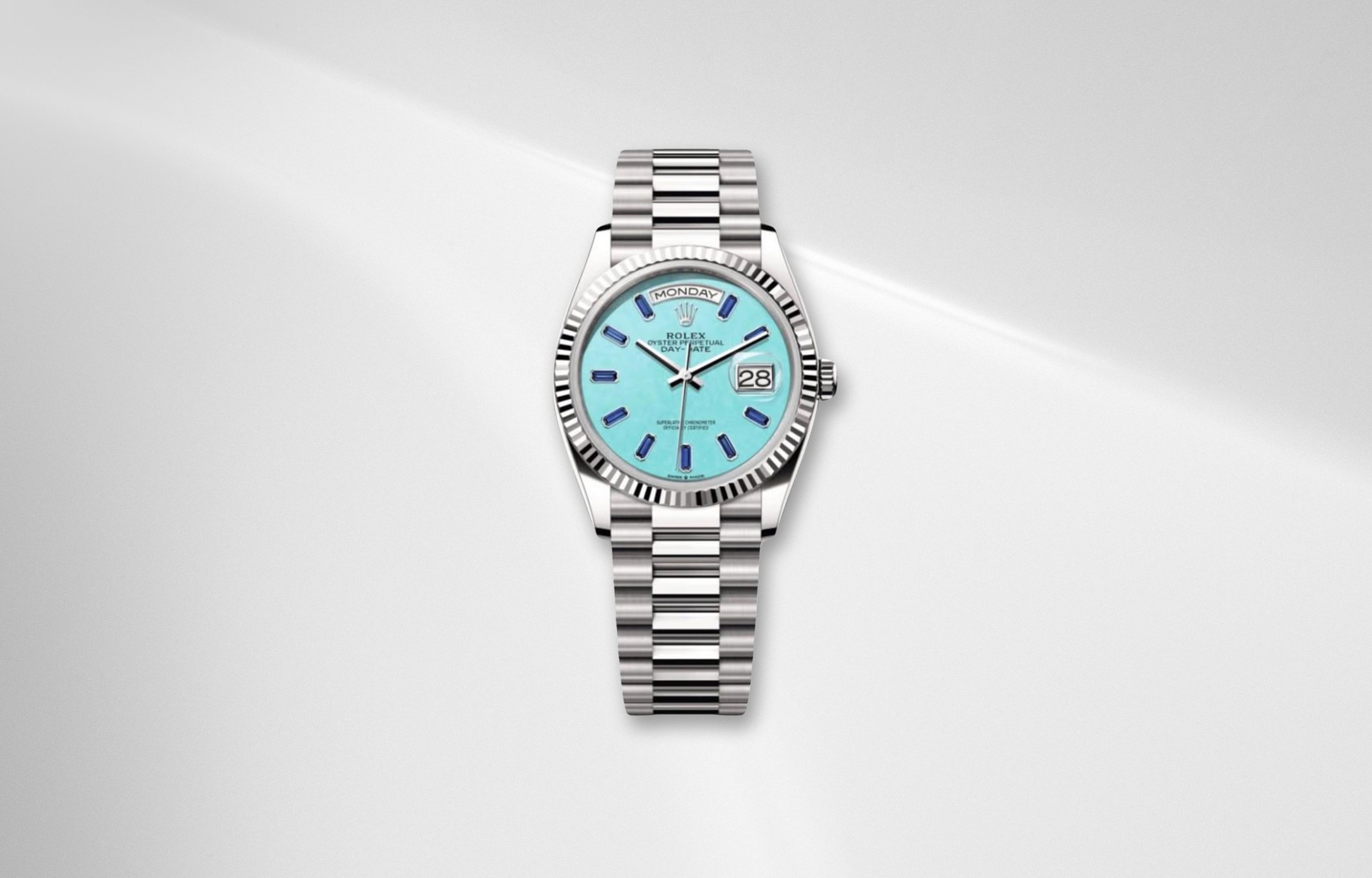 Rolex Day Date 36 turquoise dial in white gold with President bracelet and fluted bezel