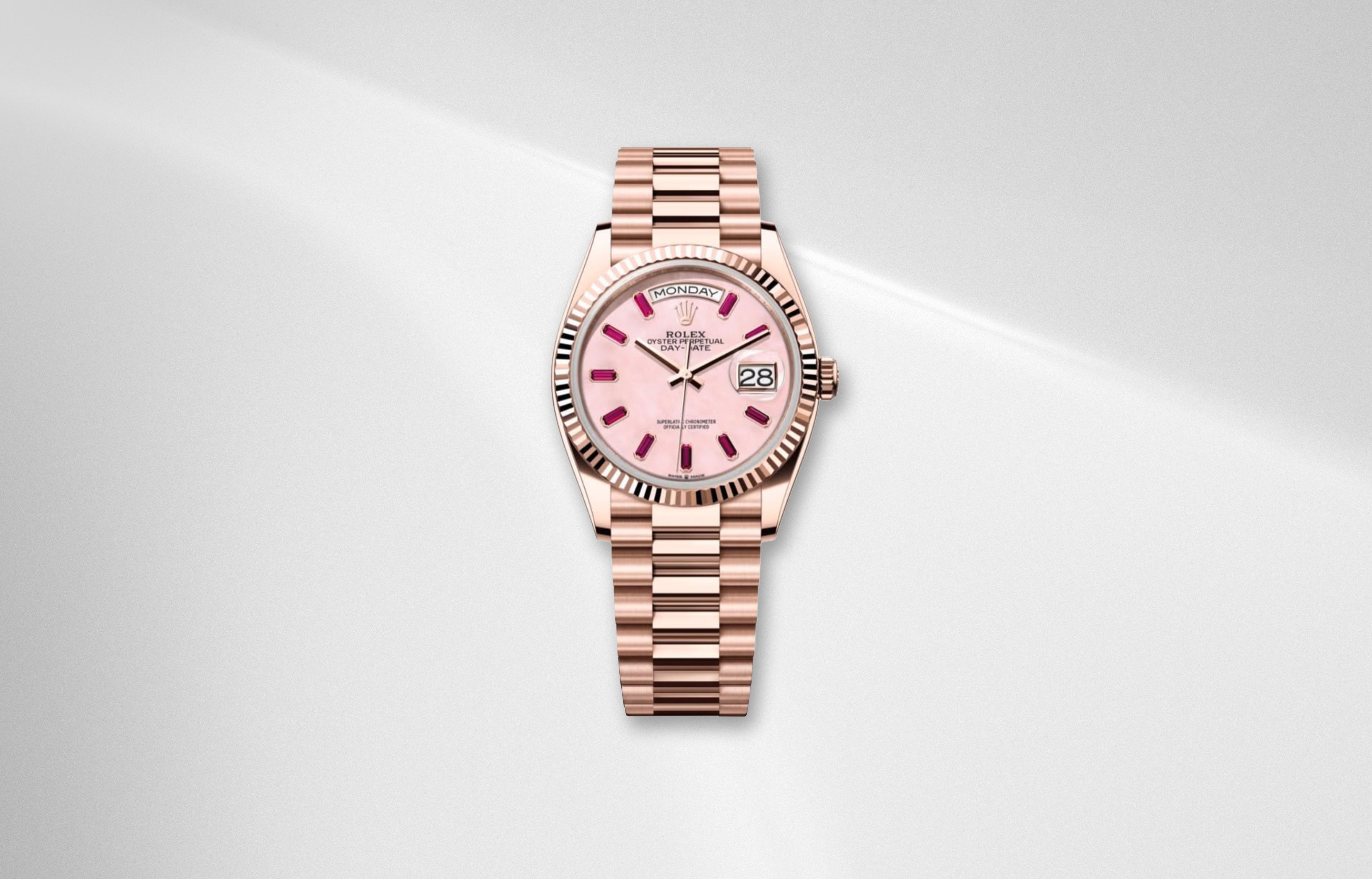 Rolex Day Date 36 pink opal dial in Everose gold with luxurious finish and President bracelet