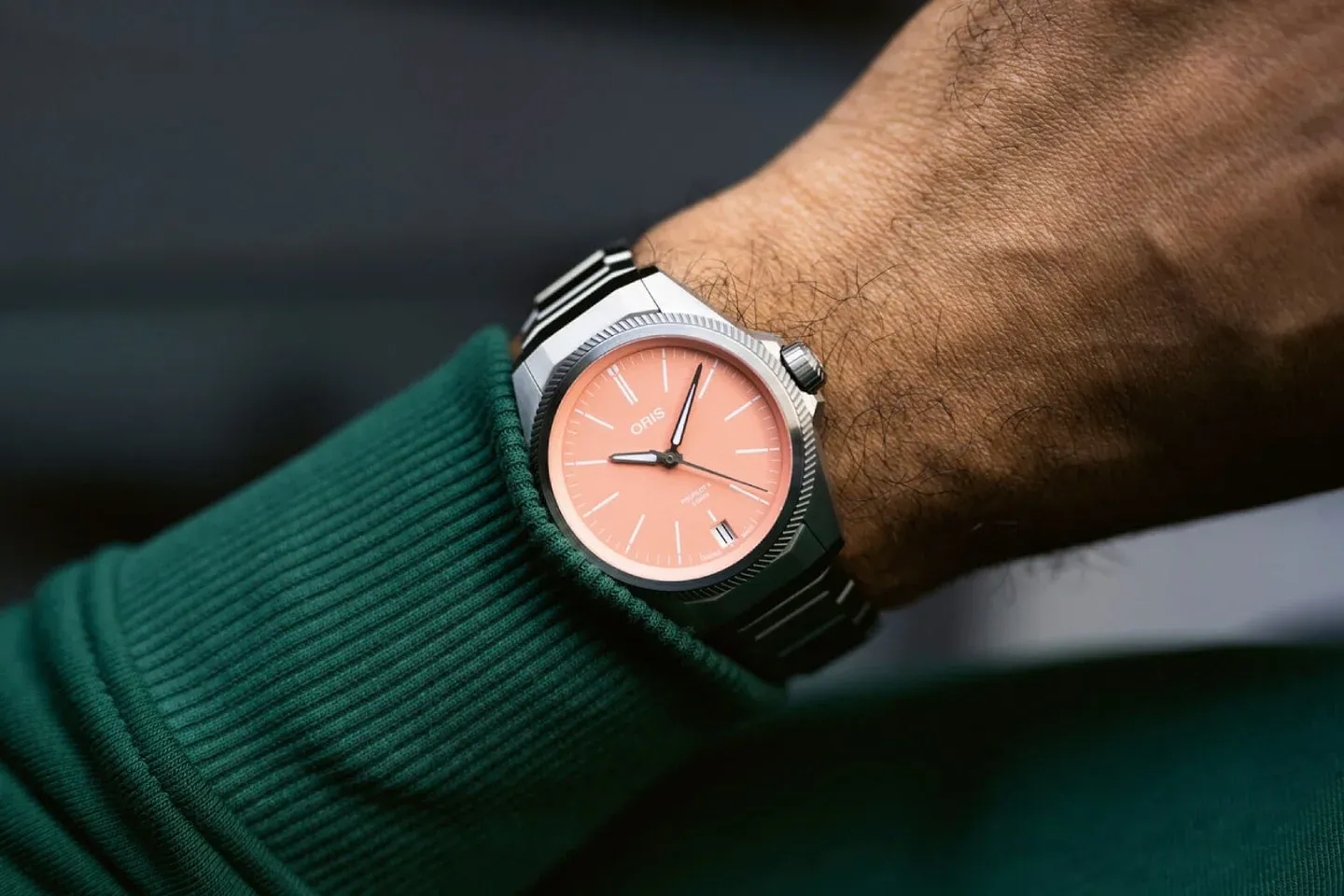 Oris Propilot X Calibre 400 released in 2023 with a pink dial, very much within the inspired hues of Peach Fuzz