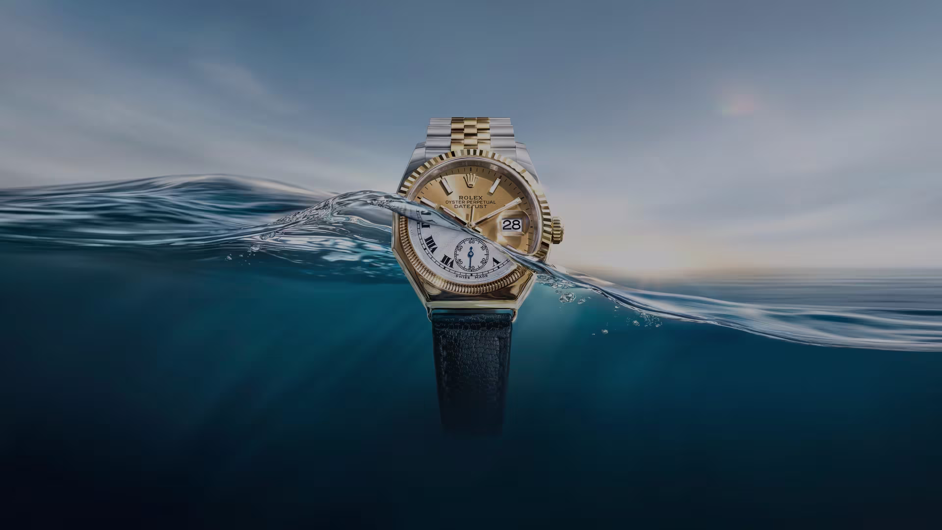 Rolex Oyster Perpetual watches emerging through water to celebrate 100 years of the iconic waterproof watch collection
