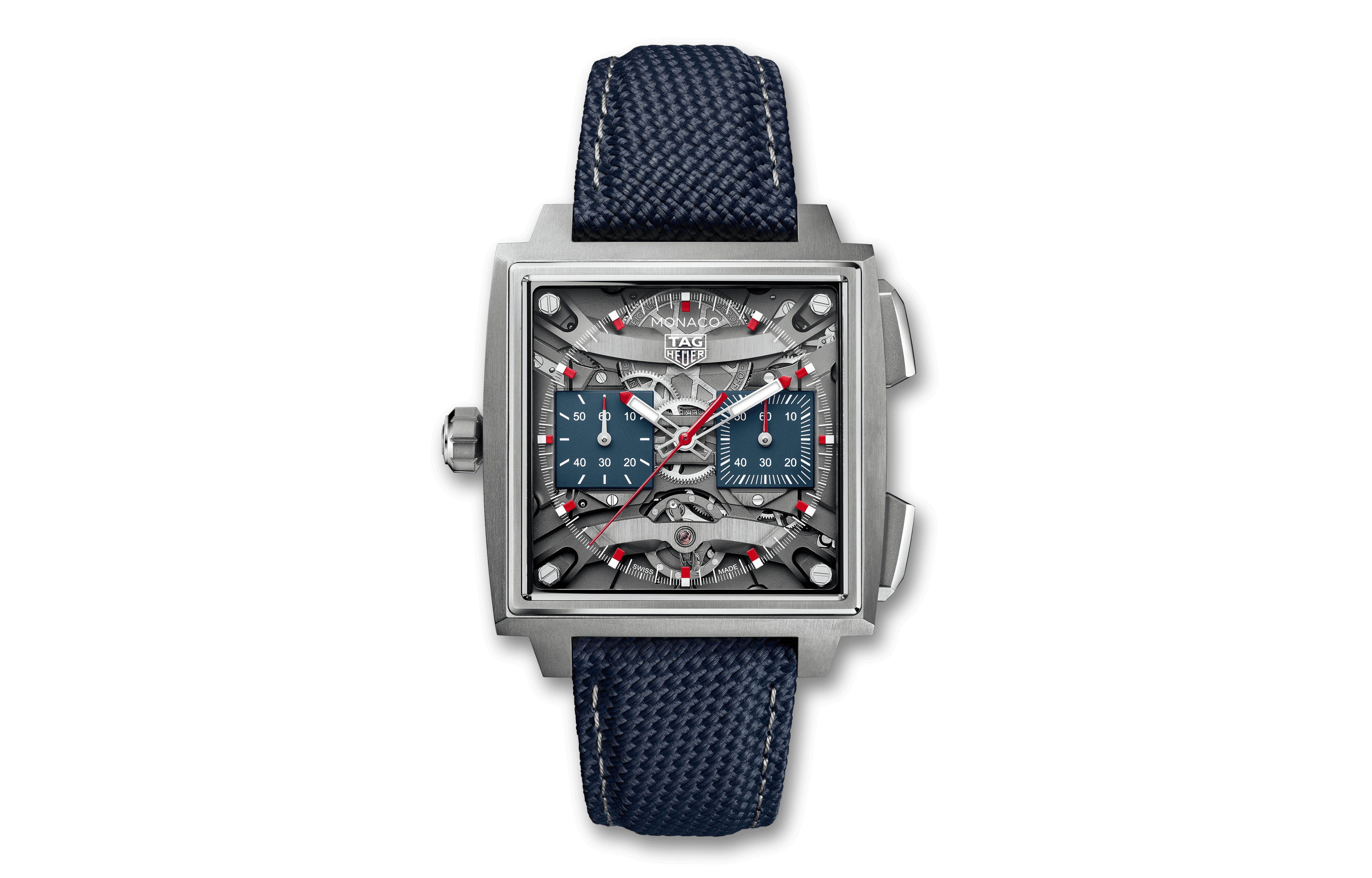 TAG Heuer Monaco Evergraph with skeleton dial square case and blue fabric strap showcasing advanced chronograph design