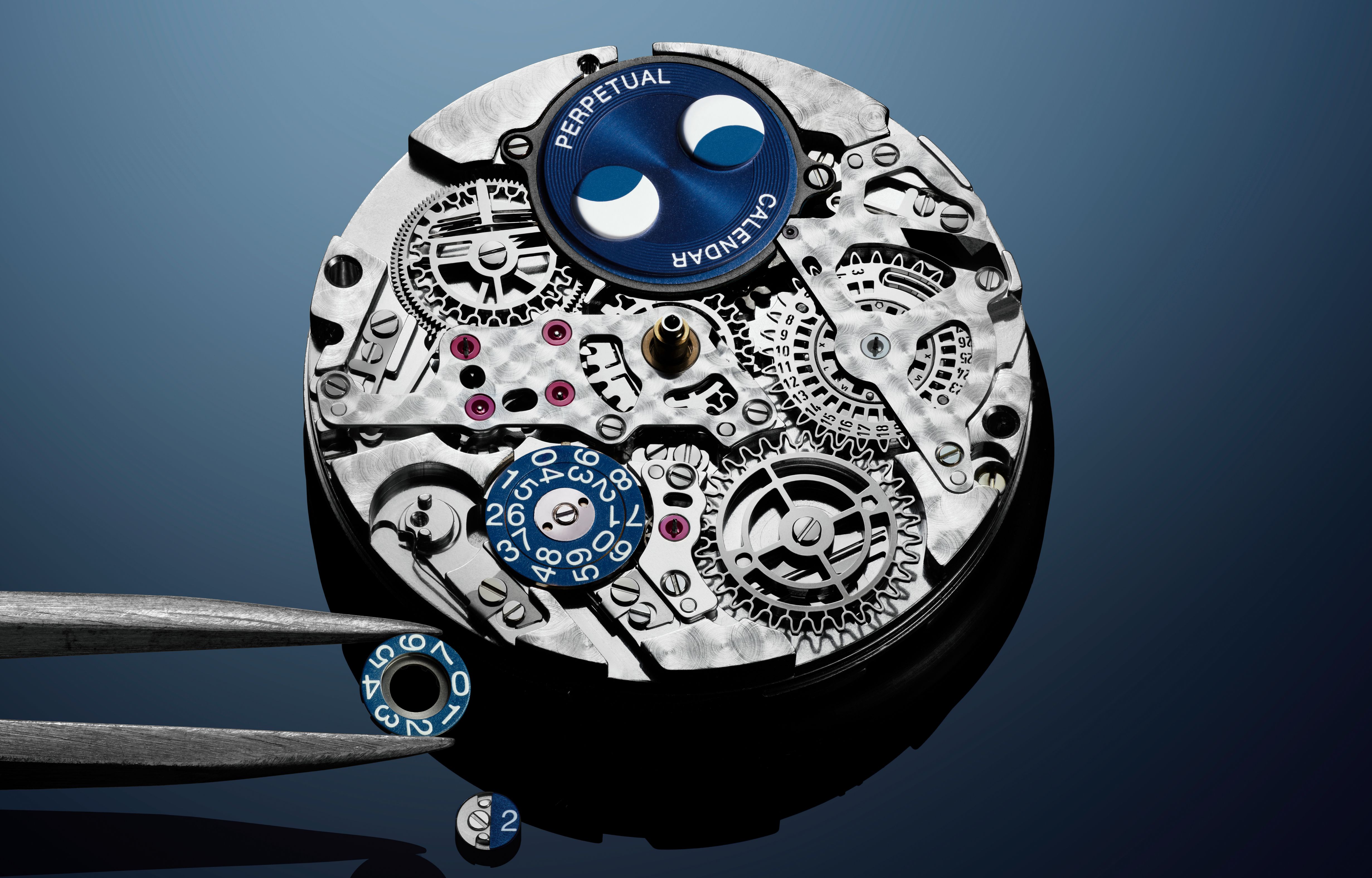 IWC caliber 82665 movement close up showing ProSet perpetual calendar mechanism and intricate gear architecture