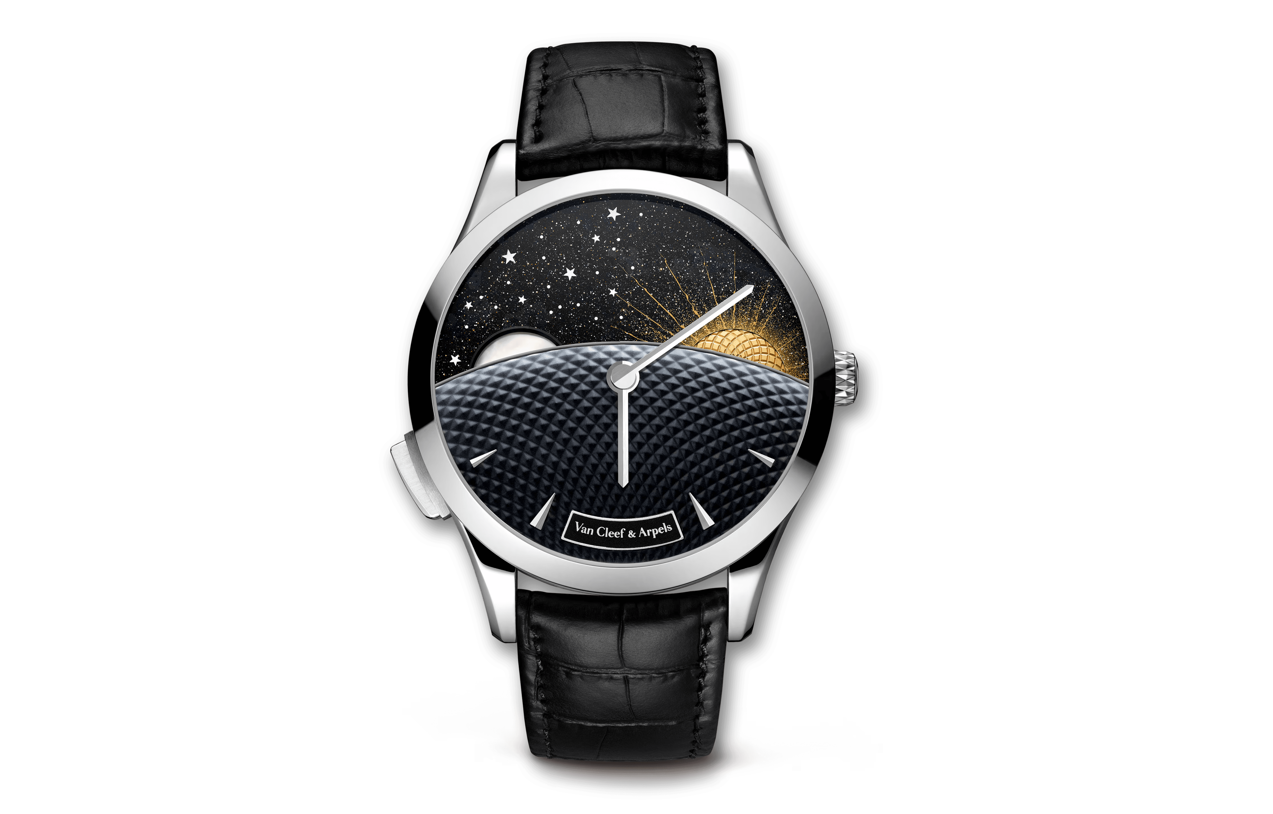 Van Cleef Arpels Midnight Jour Nuit watch with moonphase day night display and black dial with celestial design