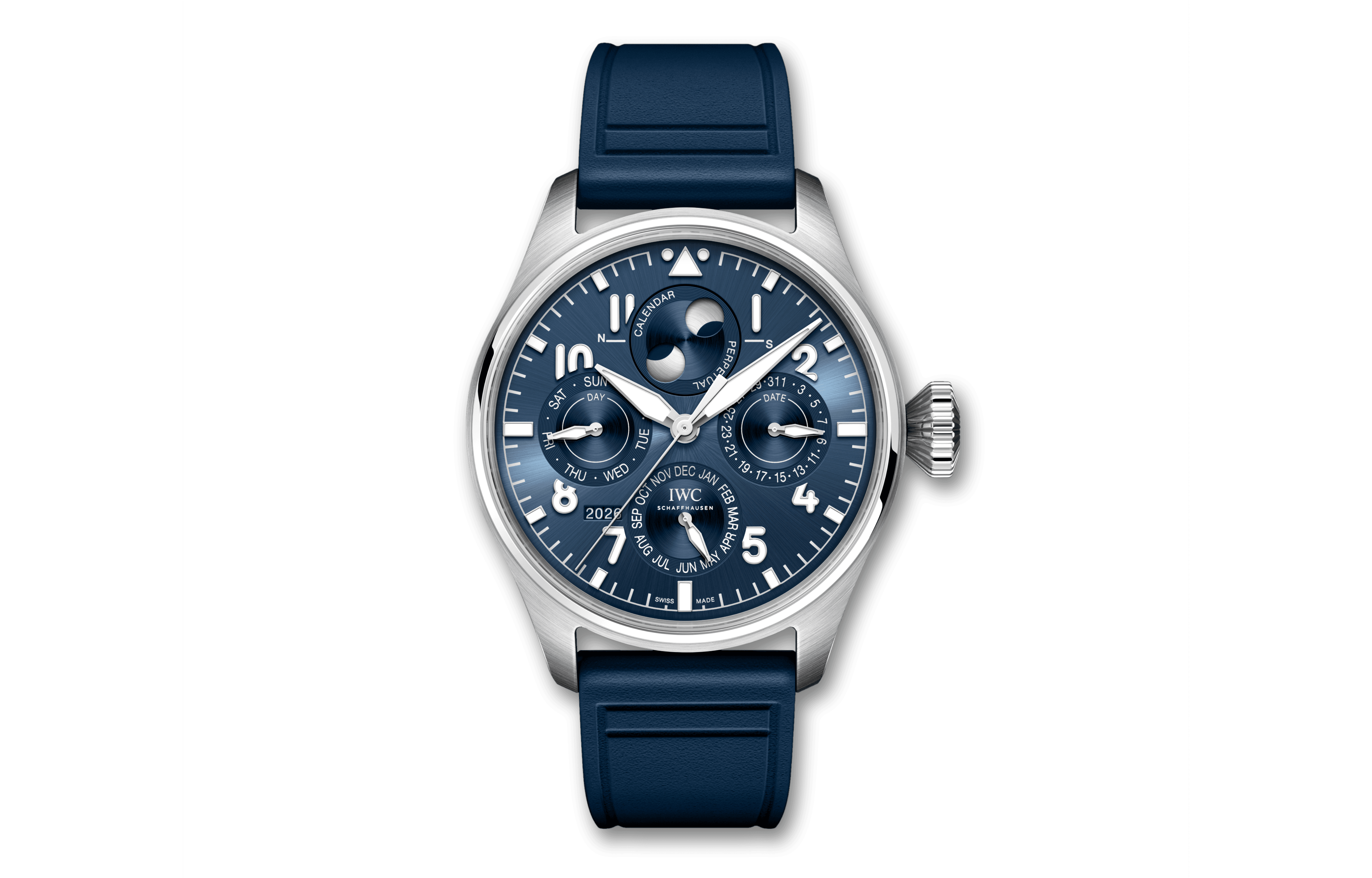 IWC Big Pilot Perpetual Calendar ProSet with blue dial and rubber strap showcasing reversible calendar complication